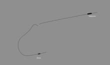 Animation of a carrier and a destroyer. The carrier is travelling in a straight, downward-sloped line across the frame. The destroyer starts near the bottom of the frame, turns in a clockwise arc to travel up the frame past the oncoming carrier, then turns sharply back into the carrier's path.