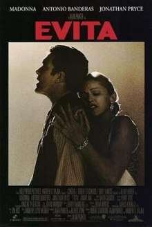 Madonna embracing Antonio Banderas from behind, with the film name written in bold red color above the image.
