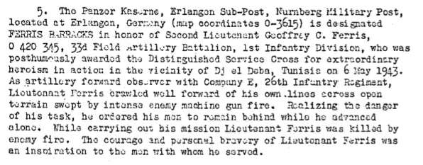 Excerpt of General Order 41, dated 11 May 1949, renaming Panzer Kaserne in Erlangen to Ferris Barracks.
