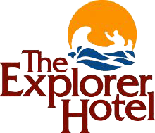The words "The Explorer Hotel" underneath a stylized rendition of a canoeist on the water in a circle