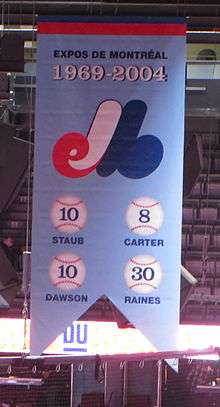 A banner hanging at Montreal's main hockey arena celebrating the Expos and the four retired numbers.