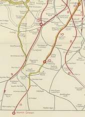 A coloured map shows proposed new railway routes superimposed in red on a map of existing railway lines
