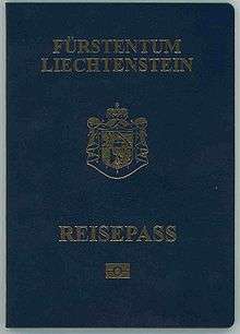 Cover of a Liechtenstein biometric passport.  Cover is blue colour with a gold-coloured crest.  Text reads "FÜRSTENTUM LIECHTENSTEIN" above the crest and "REISEPASS" below