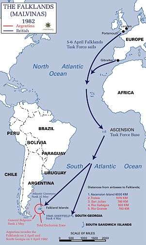 A map of the north and South Atlantic Ocians. Ascension Island is in the mid-Atlantic; the Falkland Islands are in the South Atlantic, near Argentina.