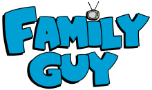 The Family Guy logo: bold blue letters in all caps spelling out "Family Guy" with a small cartoon antenna television used to dot the "i" in "Family"