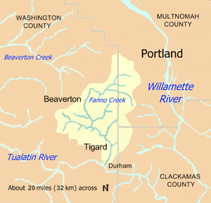 Fanno Creek, which begins in Portland, Oregon, flows west to Beaverton then south through Tigard before entering the Tualatin River near Durham. Fanno Creek's drainage basin lies mainly in Washington County near Beaverton and Tigard and secondarily in Multnomah County near the headwaters. The stream also drains a small part of Clackamas County east of Tigard and south of Portland.