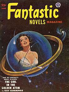 The words "Fantastic Novels" in yellow and the word "MAGAZINE" in red above a blue sphere depicting the torso of a woman wearing a white dress and looking up