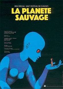 Poster showing a giant blue humanoid Draag examining a human in her hand.