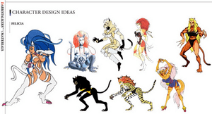 Concept art, showing various design ideas for cat-like women.
