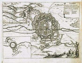 Black and white print shows fortress Landau in 1702.