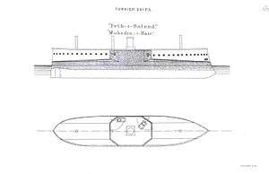 A simple drawing of a warship showing the central arrangement of the guns and armor scheme.