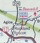 Image of a series of roads an intersections in New York State, with state routes "17" and "206," and villages or hamlets "Roscoe," "Rockland," and "Agloe."