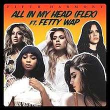 A photo of five women in different positions with a sunset background, above to they, there are some words: the word "Fifth Harmony" is written in capital letters, "All in My Head (Flex) ft. Fetty Wap" in midnight tone words;