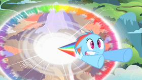 A young blue pegasus with a rainbow-colored mane blasts upward from the ground with a large circular rainbow explosion in her wake. She has a shocked expression on her face.