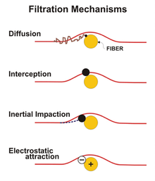 Four diagram each showing the path of small particle as it approaches a large fiber according to each of the four mechanisms