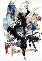 An artwork by Yoshitaka Amano depicting a group of fourteen characters, the playable cast of Final Fantasy VI
