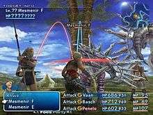 A man wielding a sword and a woman wielding a spear fight two armored horse-like monsters.