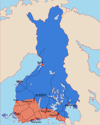 A map illustrating the frontlines and initial offensives of both sides at the beginning of the war. The Whites control most of Central and Northern Finland, excluding minor Red enclaves; the Whites assault these enclaves. The Reds control Southern Finland and commence attacks along the main frontline.