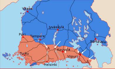 A map illustrates the final battles of the war. The Reds do not mount any more offensives, while the Imperial German Army lands from the Gulf of Finland behind the Reds and captures the capital of Helsinki. The Whites attack all along the front southwards.