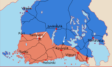 A map illustrating the main offensives until April 1918. The Whites conquer the Red stronghold of Tampere in a decisive battle and defeat the Finnish-Russian Reds at the Battle of Rautu on the Karelian Isthmus.