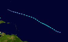 A track map of Tropical Storm Fiona during mid-August