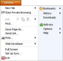 Screenshot of expanded Firefox button on Mozilla Firefox 4.0