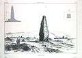 Black and white drawing of the Minar with two schematic drawings above left and above right