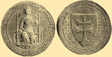 A seal depecting a man with a crown sitting on a throne