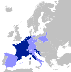 Map of Europe as at 1812, highlighting France and her client states