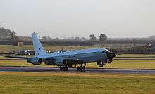 The RAF's first Boeing RC-135W Rivet Joint arrives at RAF Waddington in November 2013.