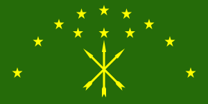 The group uses the flag of Adygea which is representative of Circassian identity