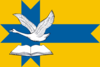 A white goose and book on a blue cross on a gold flag