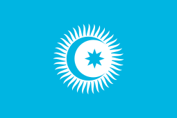 Sun, crescent moon and star against a light-blue background