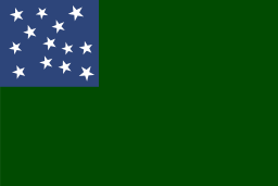 A green flag with a blue canton.  The canton has 13 stars scattered in it.