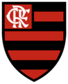An escutcheon with horizontal red and black stripes, with a monogram of the letters CRF in its upper-left part