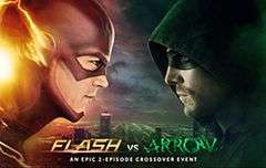Grant Gustin as the Flash and Stephen Amell as the Arrow facing each other in profile.