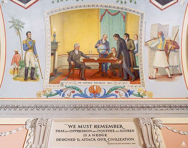 Painting representing the Monroe Doctrine, and a quote about oppression by President Franklin D. Roosevelt