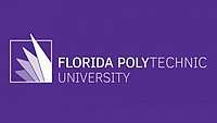 Florida Polytechnic, over University on two lines, left aligned and in white over a purple background with "Florida Poly" in boldface. To the left, there are four overlapping triangles inside a while outline of a box, with the largest triangle overflowing the bounds of the box.