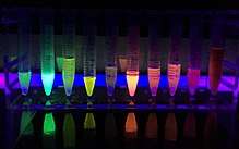 A rack of test tubes showing solutions glowing in different colors