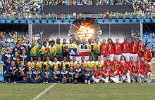The three winning nations with their medals in the women's football competition.