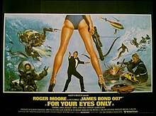 A graphic, taking up three quarters of the image, on black background with the bottom quarter in red. Above the picture are the words "No one comes close to JAMES BOND 007". The graphic contains a stylised pair of women's legs and buttocks in the foreground: a pair of bikini bottoms cover some of the bottom. The woman wears high heels and is carrying a crossbow in her right hand. In the distance, viewed between her legs, a man in a dinner suit is seen side on, carrying a pistol. In the red, below the graphic, are the words: "Roger Moore as Ian Fleming's James Bond 007 in FOR YOUR EYES ONLY".