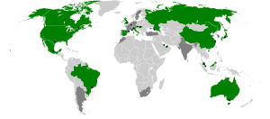 A map showing the countries that hosted a Formula One race during the 2015 season. Countries which had previously hosted a race are shown as well.