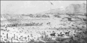 A black and white sketch of Fort Mohave in the late 19th century