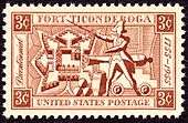 A stamp, red ink on white background. The corners are labeled "3c" in reverse. A banner across the top reads "Fort Ticonderoga", one across the bottom reads "United States Postage". A banner down the left side reads "Bicentennial" in italic script, and one on the right reads "1755–1955". Imagery in the center of the stamp includes a diagram of the fort's layout, a colonial soldier brandishing a sword, and a cannon and cannonballs.
