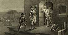 A black and white engraving, captioned "Capture of Fort Ticonderoga". Two men, one holding a lit lantern and the other with his left hand raised and a sword in his right hand, stand in the center, facing the doorway of a stone building to the right. A man stands in the doorway, wearing a nightgown and nightcap, and holding a lit candle on a candlestick. Behind him a woman is visible. To the right of the doorway is a small cannon or mortar. In the background on the left men in uniform are visible, as are stacked cannonballs, cannons, and a ladder leaning against a wall.