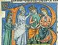 A man and a woman, both wearing a crown, sit on a throne and a bishop toches the man's forehead
