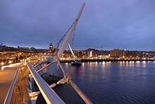 Foyle Peace bridge Derry, Northern Ireland at dusk