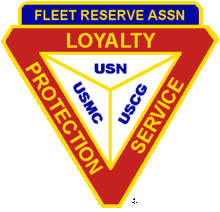 Triangle on point with text "Fleet Reserve Association" along the top line, below Loyalty, Protection and Servic Flank the right and left side of the triangle. the abreciation USN, USCG and USMC inside the Triangle.