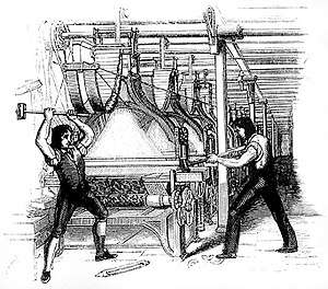 Picture of Luddites smashing a loom with a sledge hammer