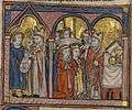 A crowned man and woman kneeling before a bishop